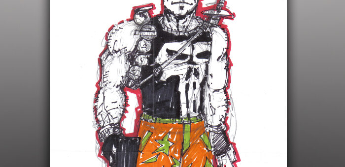 Punisher in Hawaiian Shorts Marker Sketch on Cingular Note Pad Paper