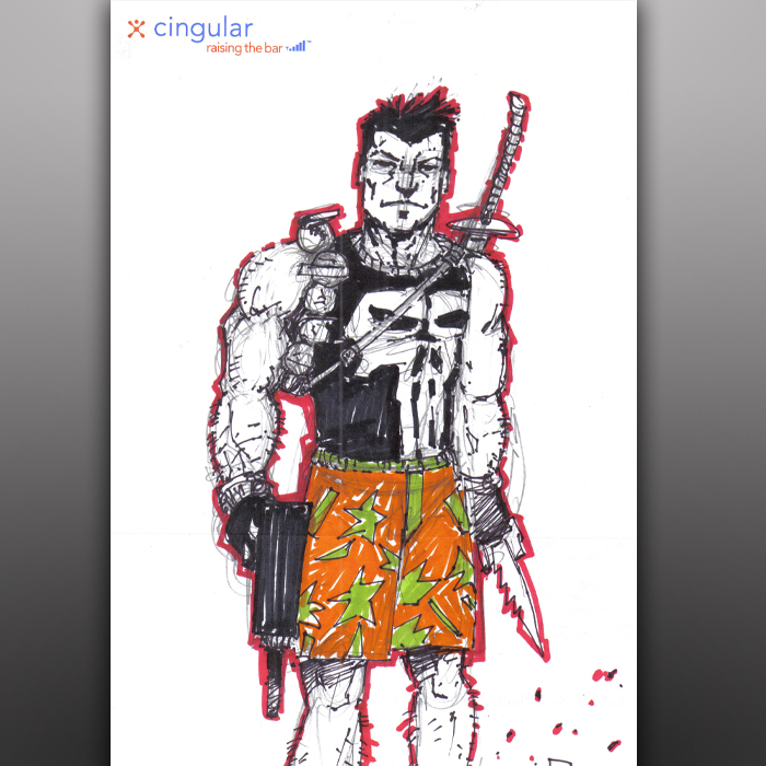Punisher in Hawaiian Shorts Marker Sketch on Cingular Note Pad Paper