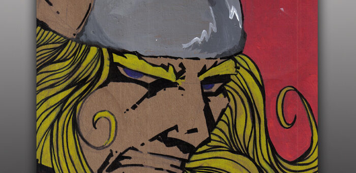 The Mighty Thor painted on a cardboard cat food seperator