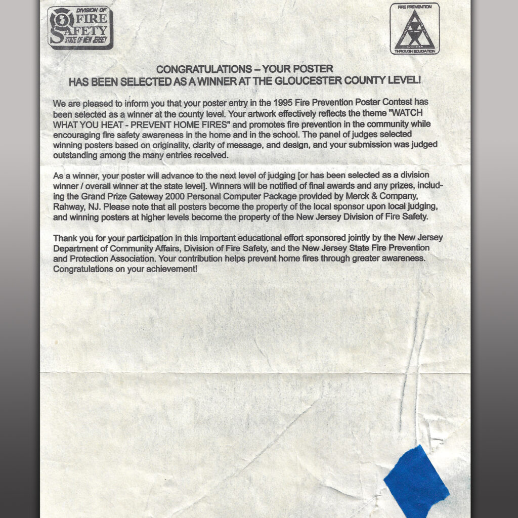 Fire Prevention Poster Art Contest - County Winner Letter - 1995